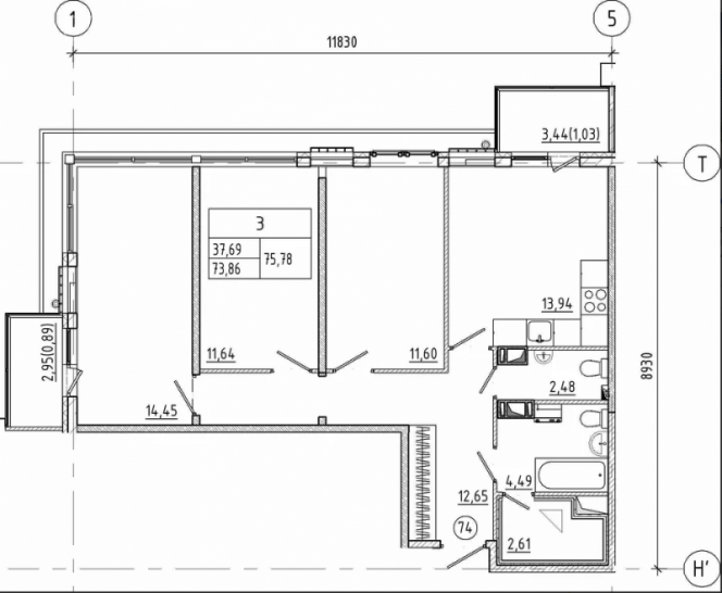 Трёхкомнатная квартира 75.78 м²